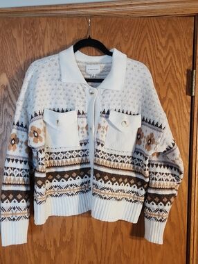 Pink Rose Cream & Brown Fair Isle Button Front Cardigan Size Xl